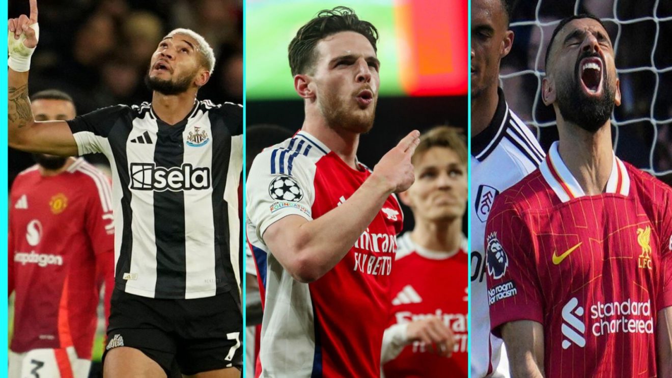 Composite picture showing Joelinton of Newcastle, Declan Rice of Arsenal and Mo Salah of Liverpool