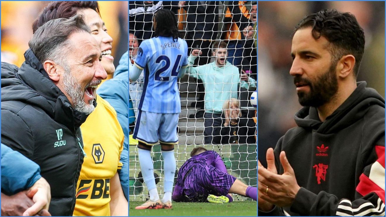 Vitor Pereira of Wolves, Spurs' Djed Spence and Guglielmo Vicario, and Man Utd coach Ruben Amorim