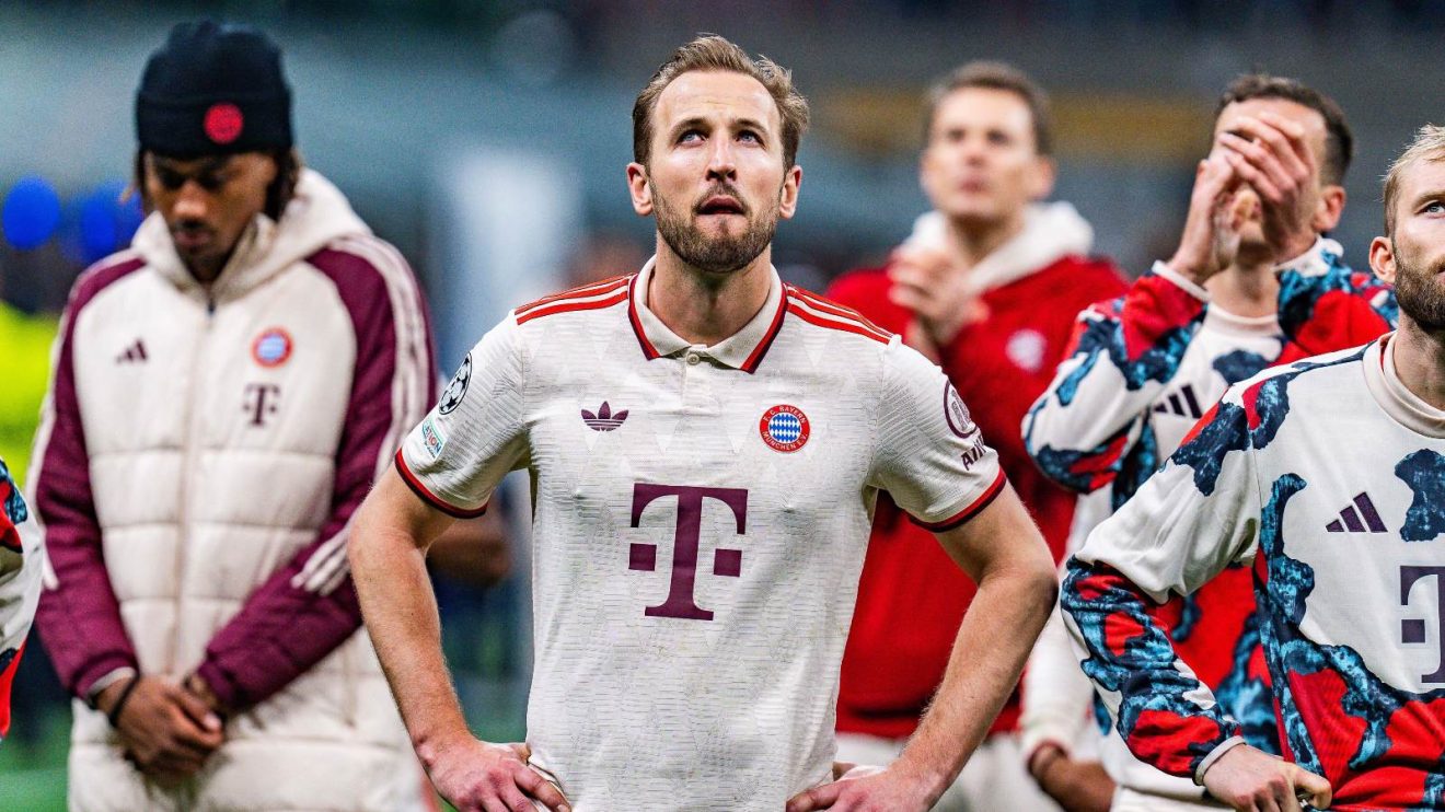 Harry Kane looks despondent after Bayern lost to Inter.