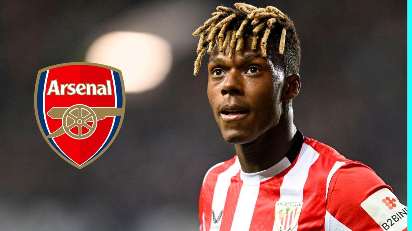 Nico Williams with the Arsenal badge