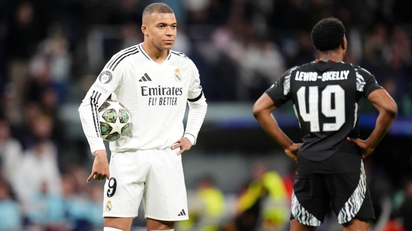 Kylian Mbappe looks on during Real Madrid v Arsenal