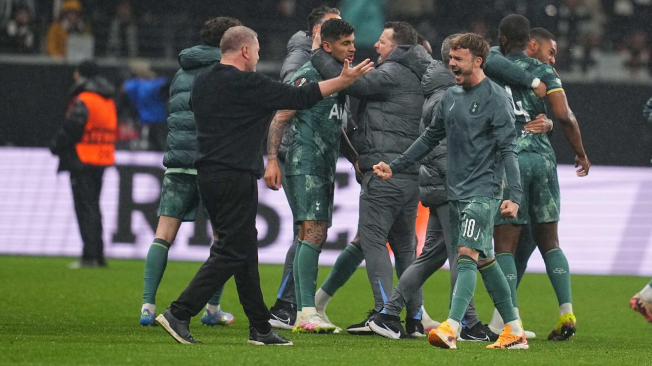 Ange Postecoglou and James Maddison celebrate after Tottenham beat Eintracht Frankfurt in the Europa League quarter-finals