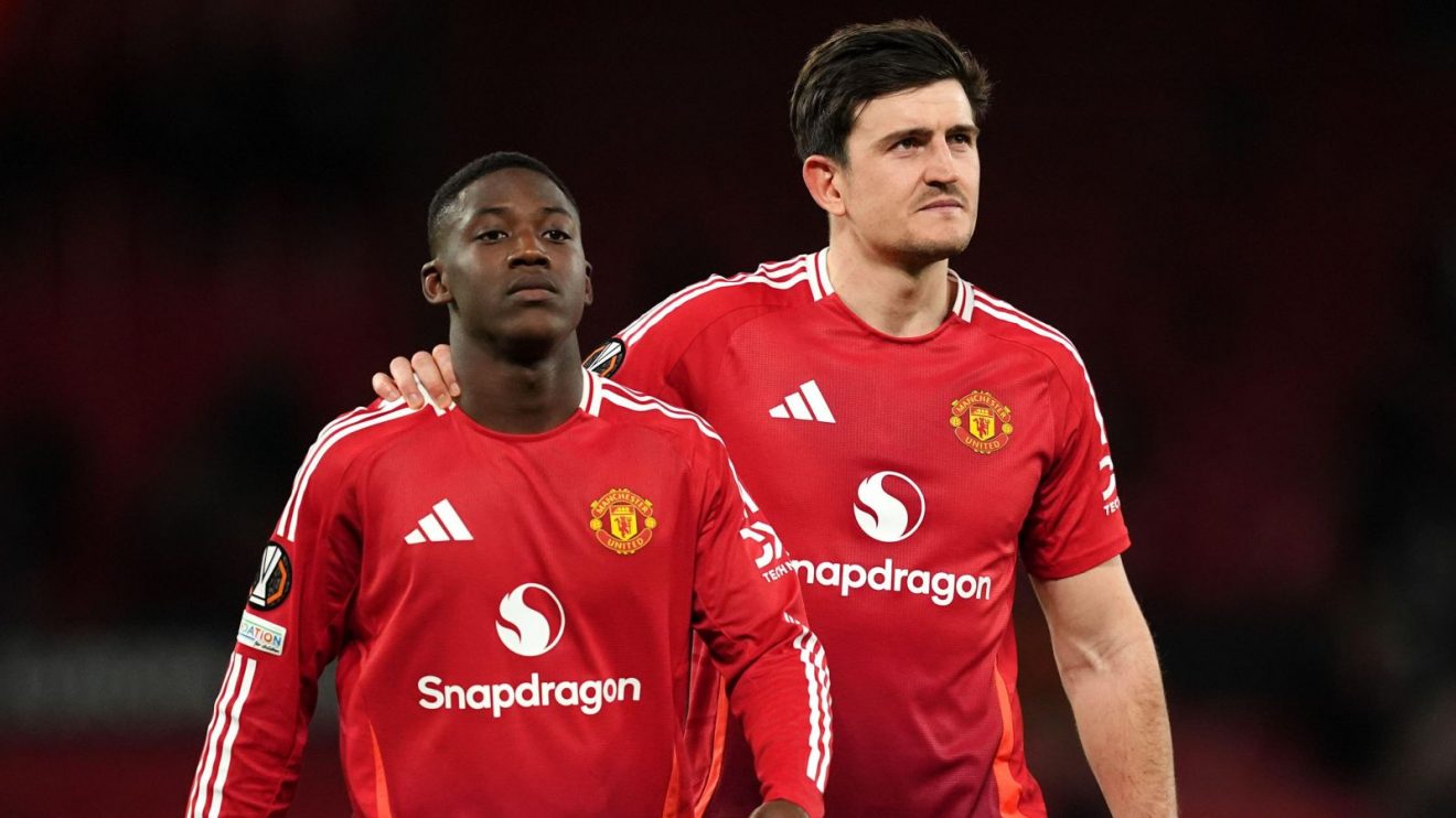 Manchester United players Kobbie Mainoo and Harry Maguire