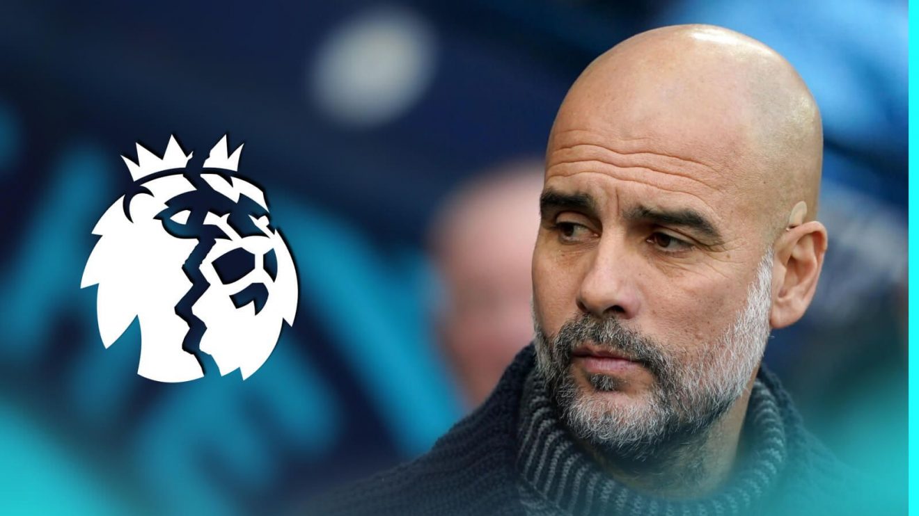 Man City manager Pep Guardiola with a cracked Premier League logo