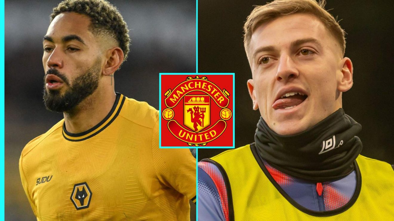 Matheus Cunha and Liam Delap with the Man Utd badge