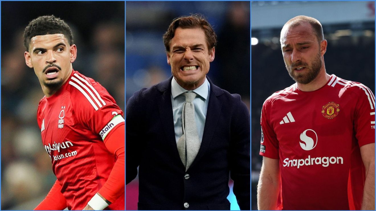 Nottingham Forest's Morgan Gibbs-White, Burnley coach Scott Parker and Christian Eriksen of Man Utd