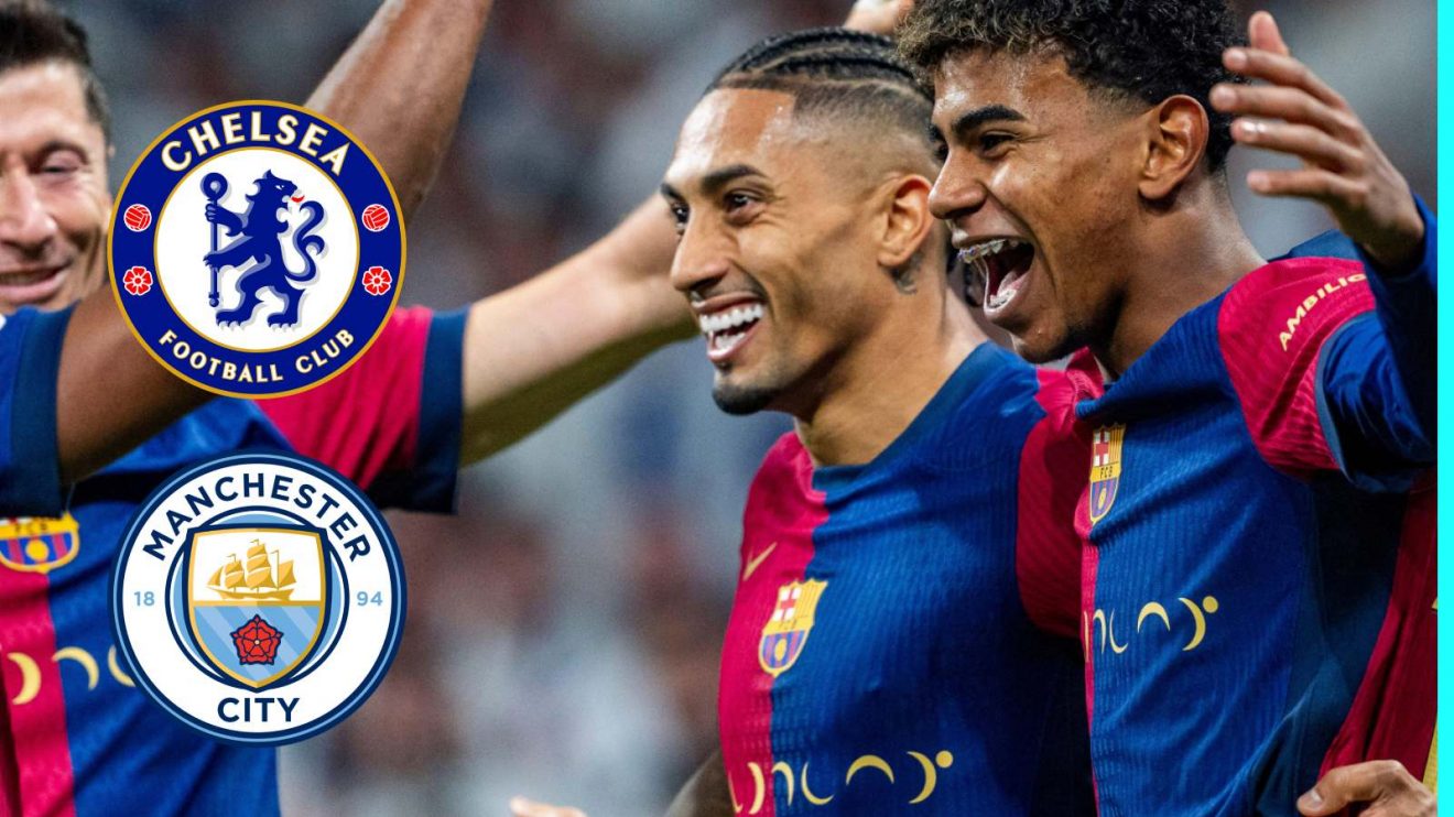 Barcelona duo Raphinha and Lamine Yamal with the Chelsea and Man City badges