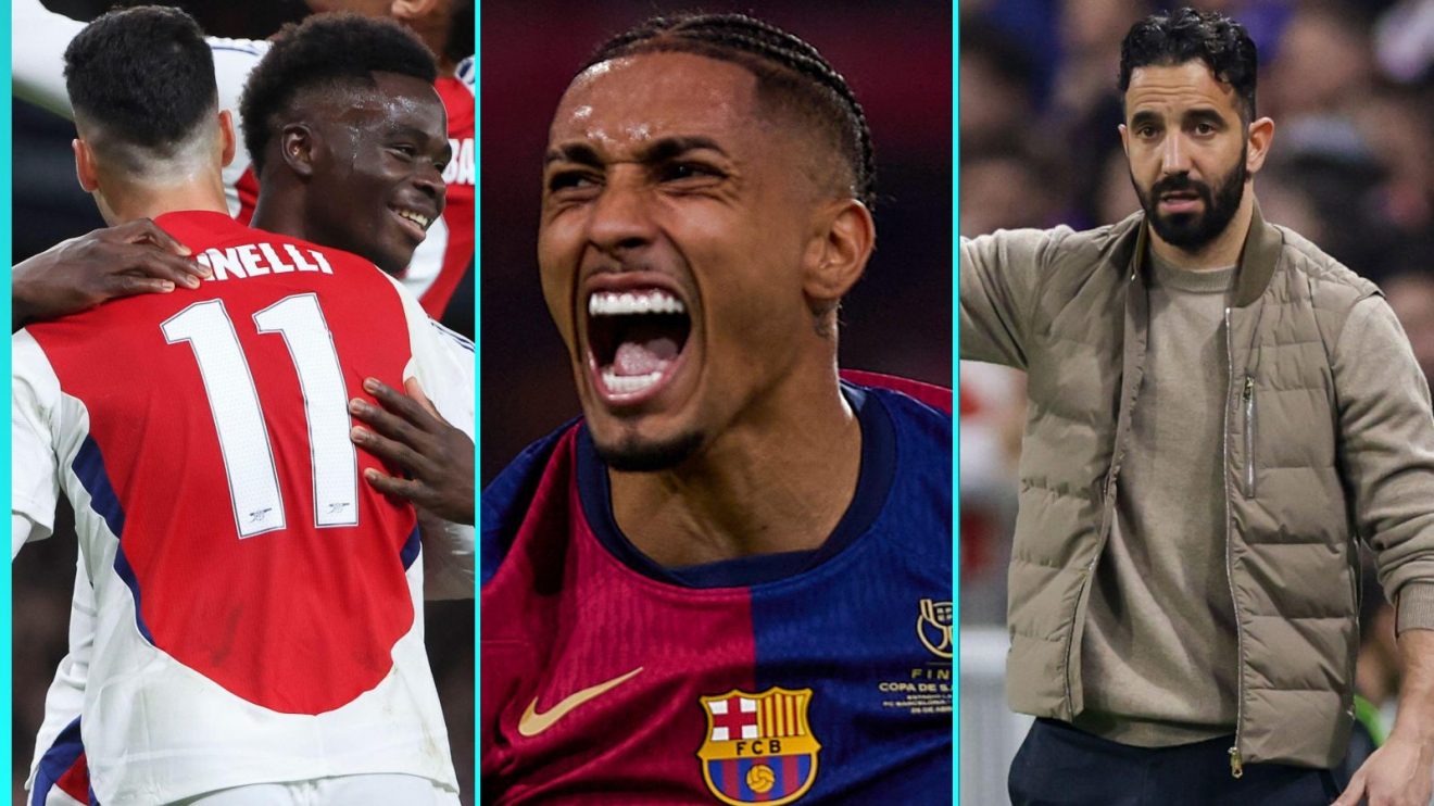 Bukayo Saka and Gabriel Martinelli celebrate, Raphinha celebrates and Ruben Amorim gestures