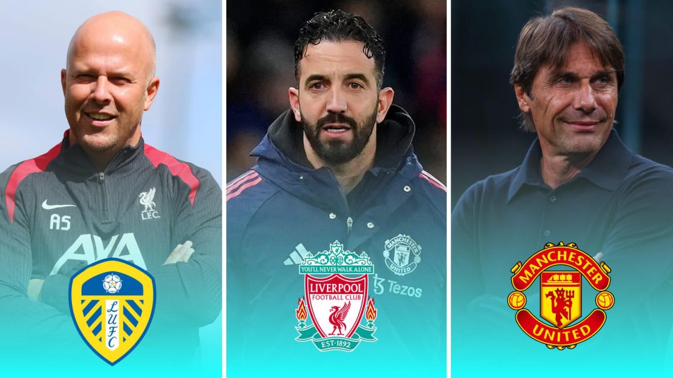 Arne Slot with the Leeds badge, Ruben Amorim with the Liverpool badge and Antonio Conte with the Man Utd badge