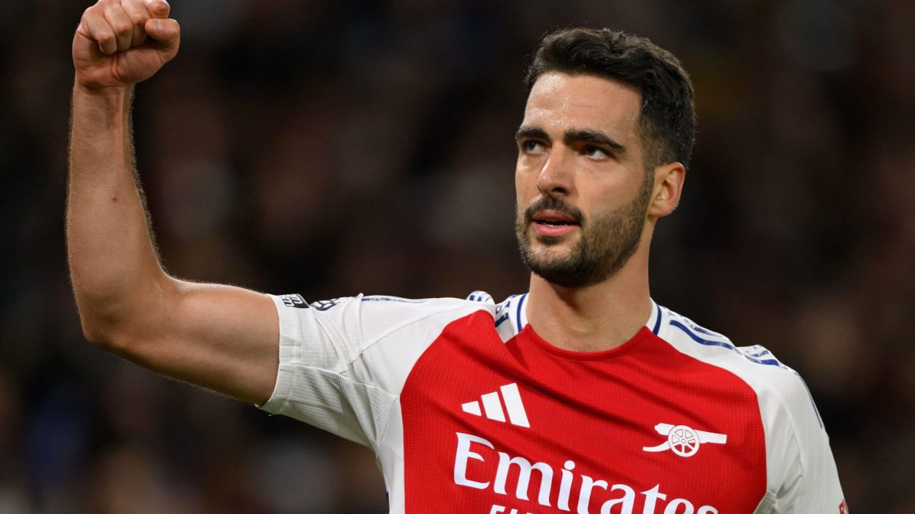 Arsenal midfielder Mikel Merino celebrates his goal