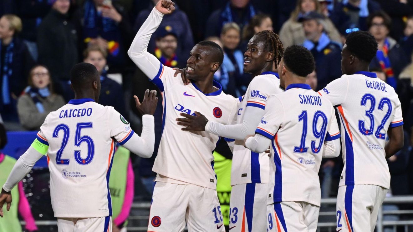 Chelsea striker Nicolas Jackson celebrates his goal