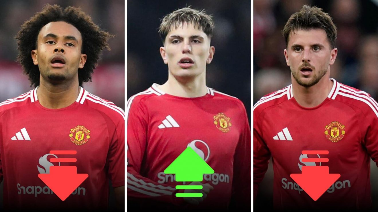 Man Utd: Joshua Zirkzee with a red arrow, Alejandro Garnacho with a green arrow and Mason Mount with a red arrow