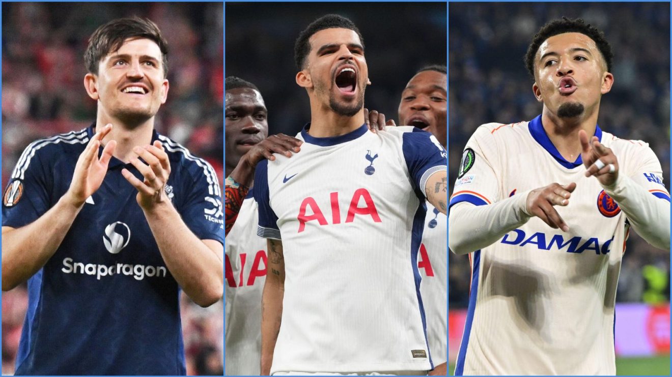 Manchester United defender Harry Maguire, Spurs striker Dominic Solanke and Jadon Sancho of Chelsea
