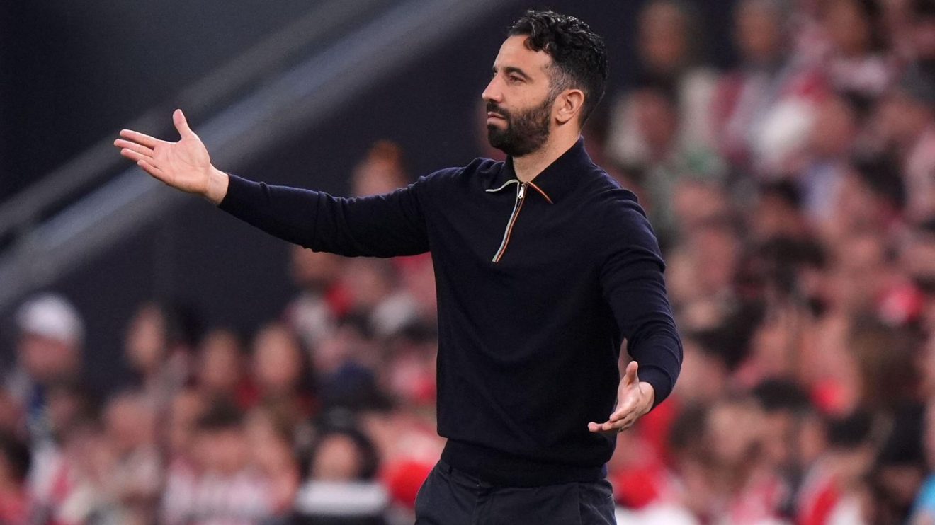 Man Utd head coach Ruben Amorim gestures during a match