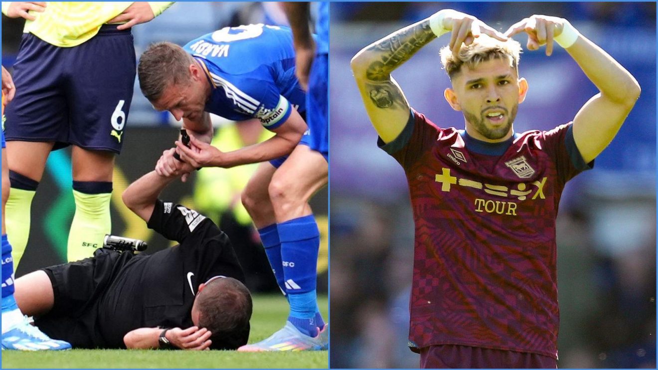 Jamie Vardy blows an injured referee's whistle and Julio Enciso celebrates a goal