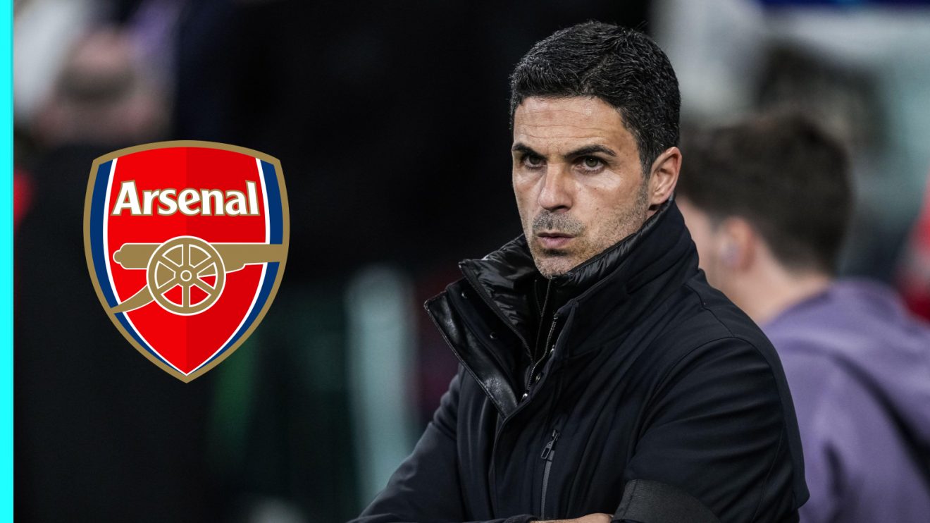 The Arsenal badge and Mikel Arteta