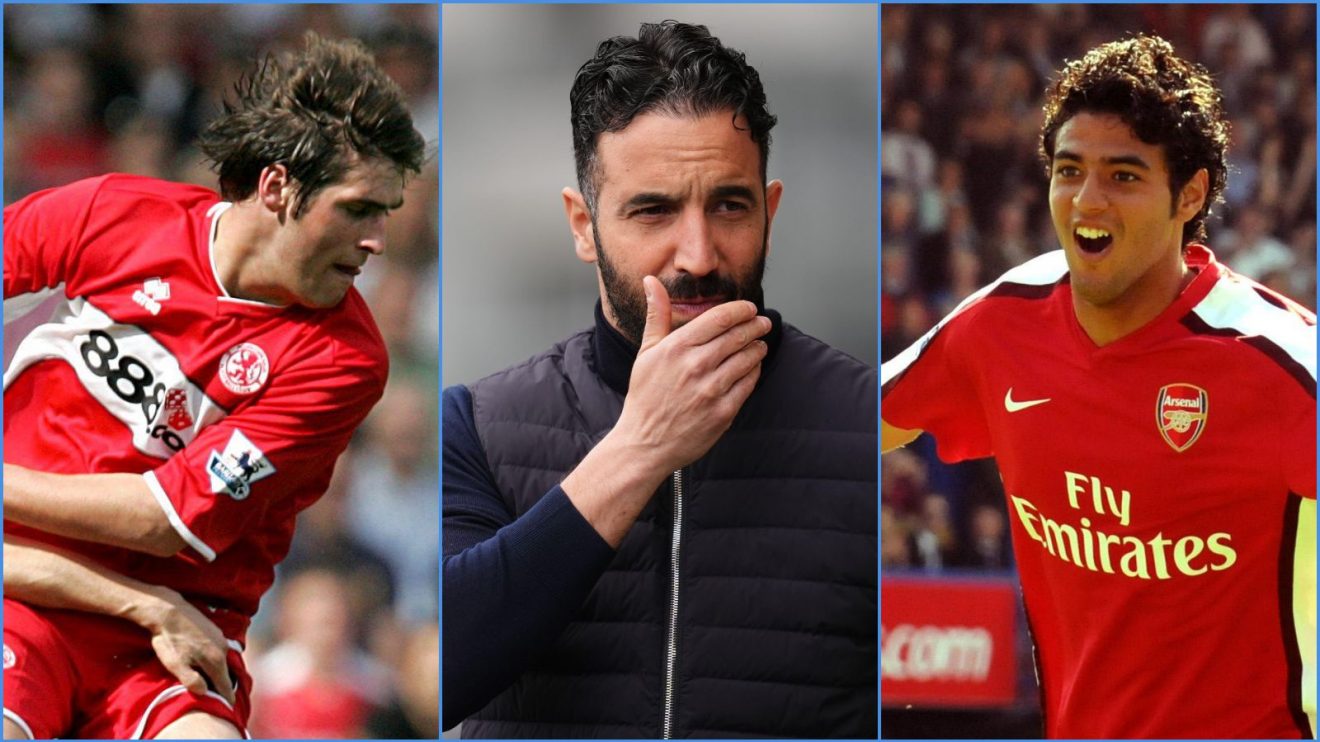 Middlesbrough player Danny Graham, Manchester United manager Ruben Amorim and Carlos Vela of Arsenal