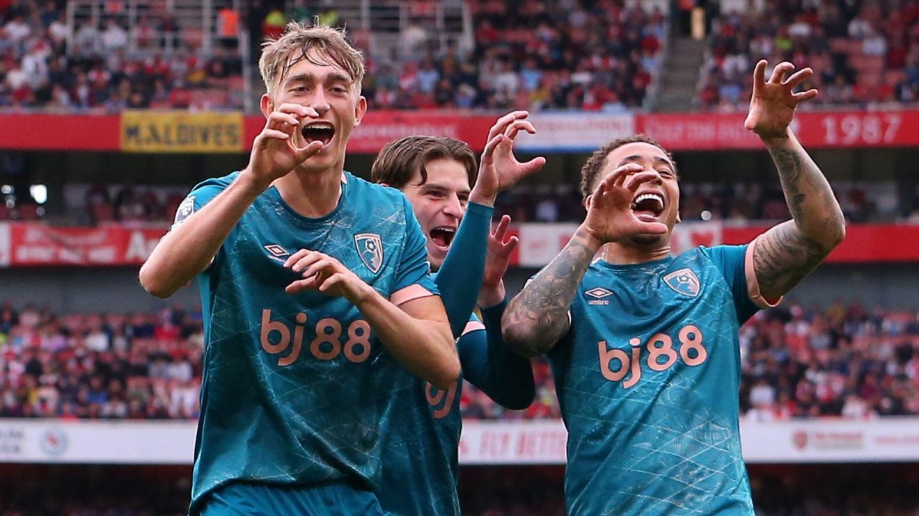 Dean Huijsen celebrates scoring a Premier League goal