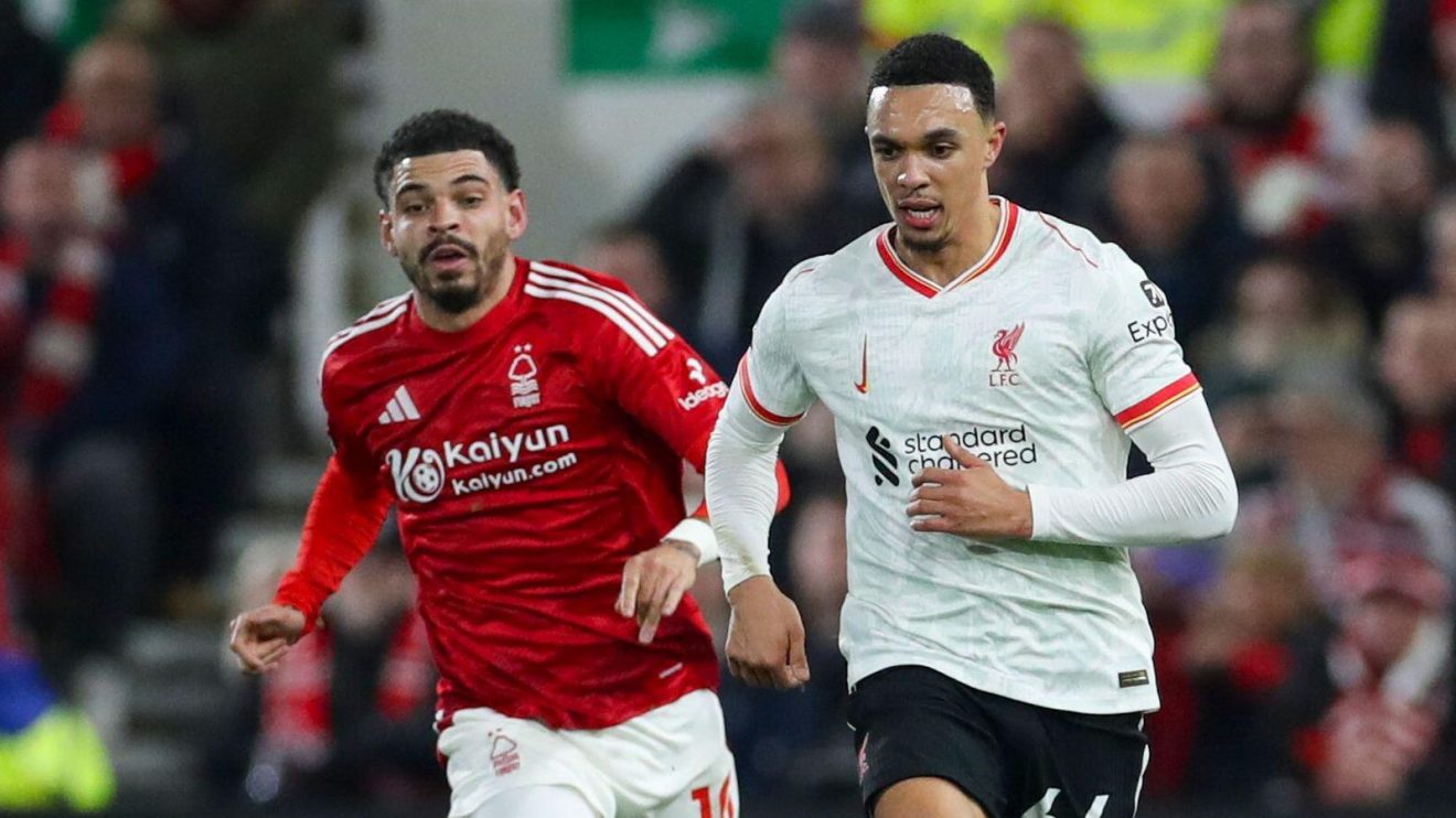 Nottingham Forest player Morgan Gibbs-White and Liverpool defender Trent Alexander-Arnold