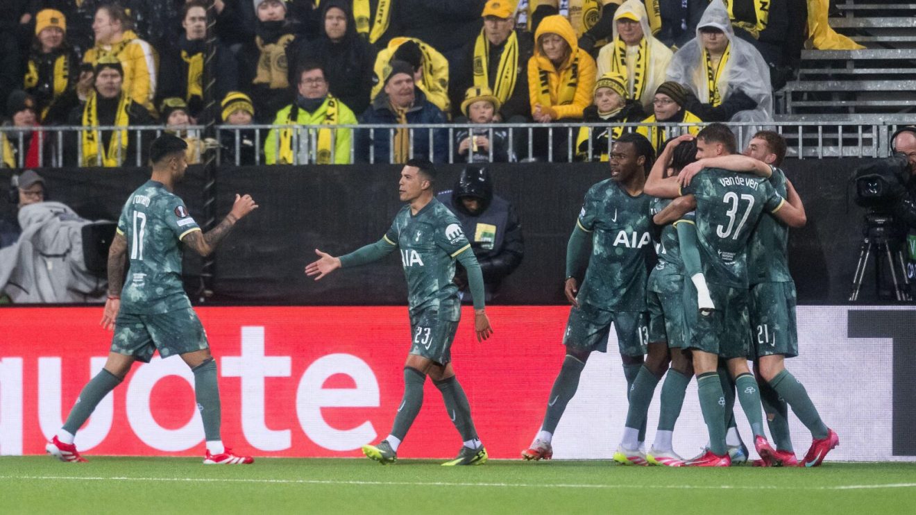 Tottenham players celebrate Dominic Solanke's goal against Bodo/Glimt