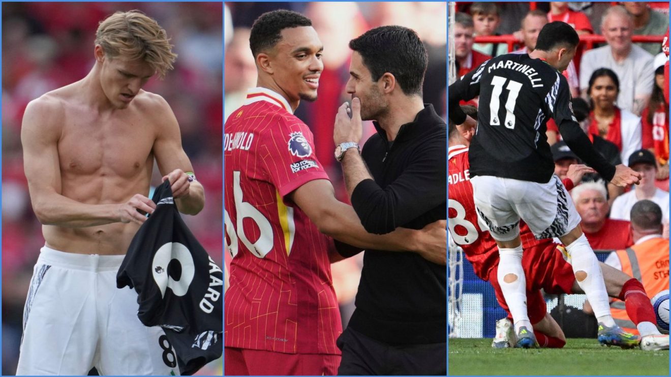 Martin Odegaard, Trent Alexander-Arnold, Mikel Arteta and Gabriel Martinelli of Arsenal and Liverpool