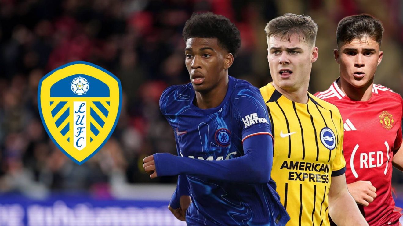 Harry Amass, Evan Ferguson and Josh Acheampong with the Leeds United badge