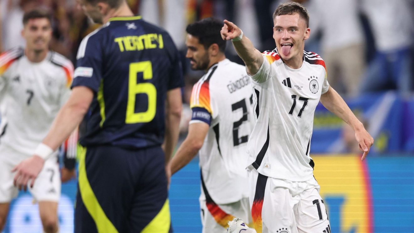 Man City transfer target Florian Wirtz celebrates a goal