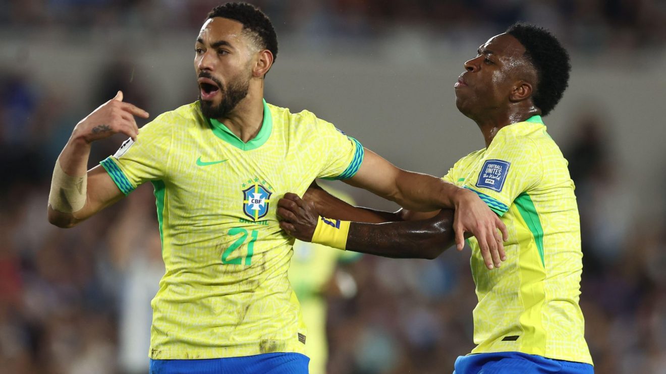 Man Utd transfer target Matheus Cunha celebrates his goal for Brazil