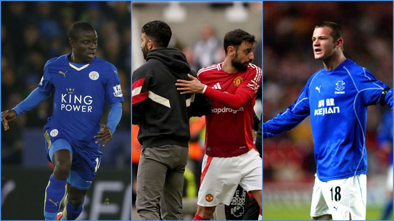 Leicester's N'Golo Kante, Ruben Amorim and Bruno Fernandes of Manchester United and Everton forward Wayne Rooney