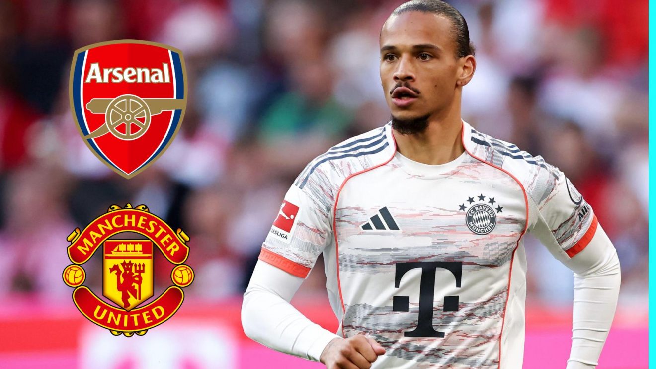 Leroy Sane with the Arsenal and Man Utd badges