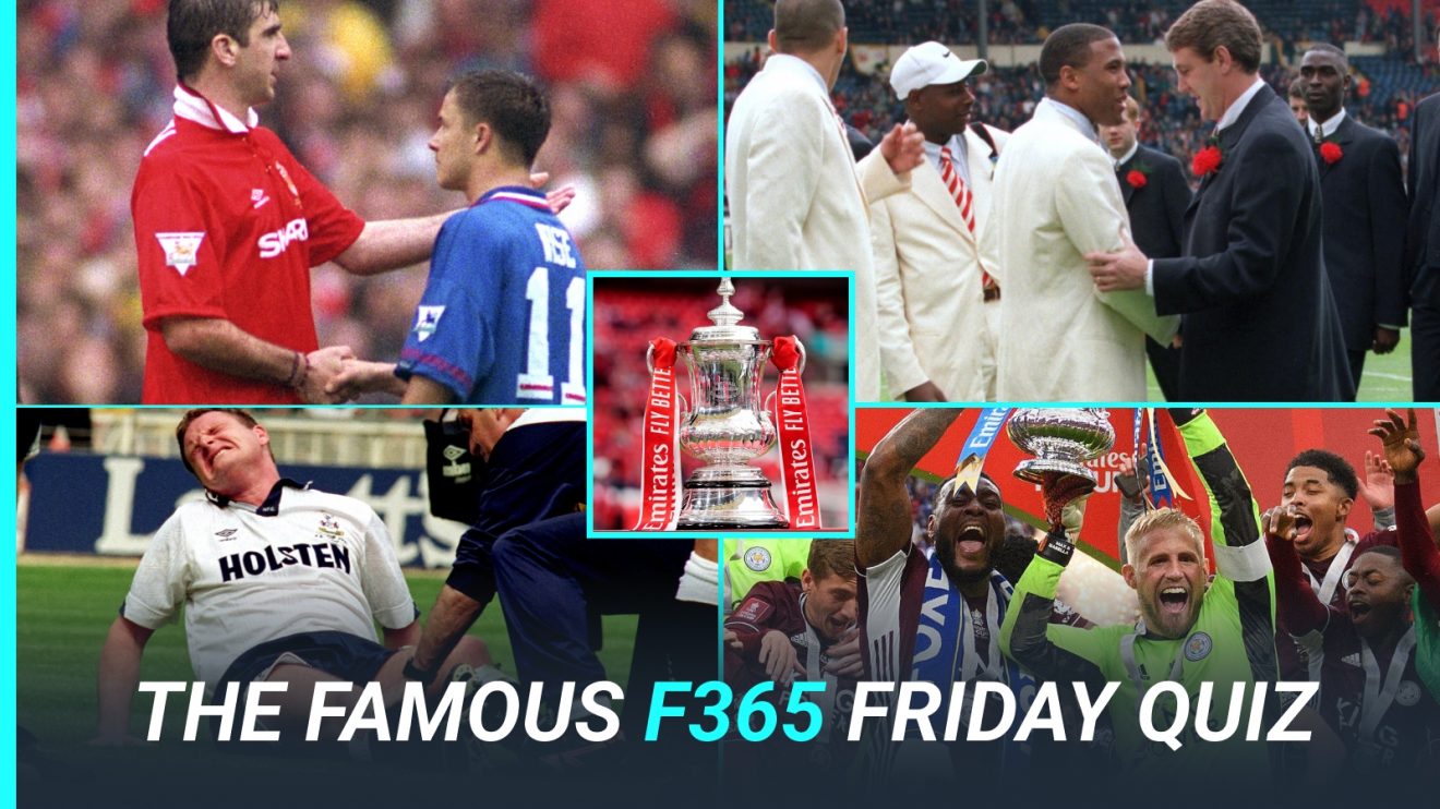 Dennis Wise, Eric Cantona, Liverpool players in cream suits, Paul Gascoigne injured and Leicester celebrating winning the FA Cup.