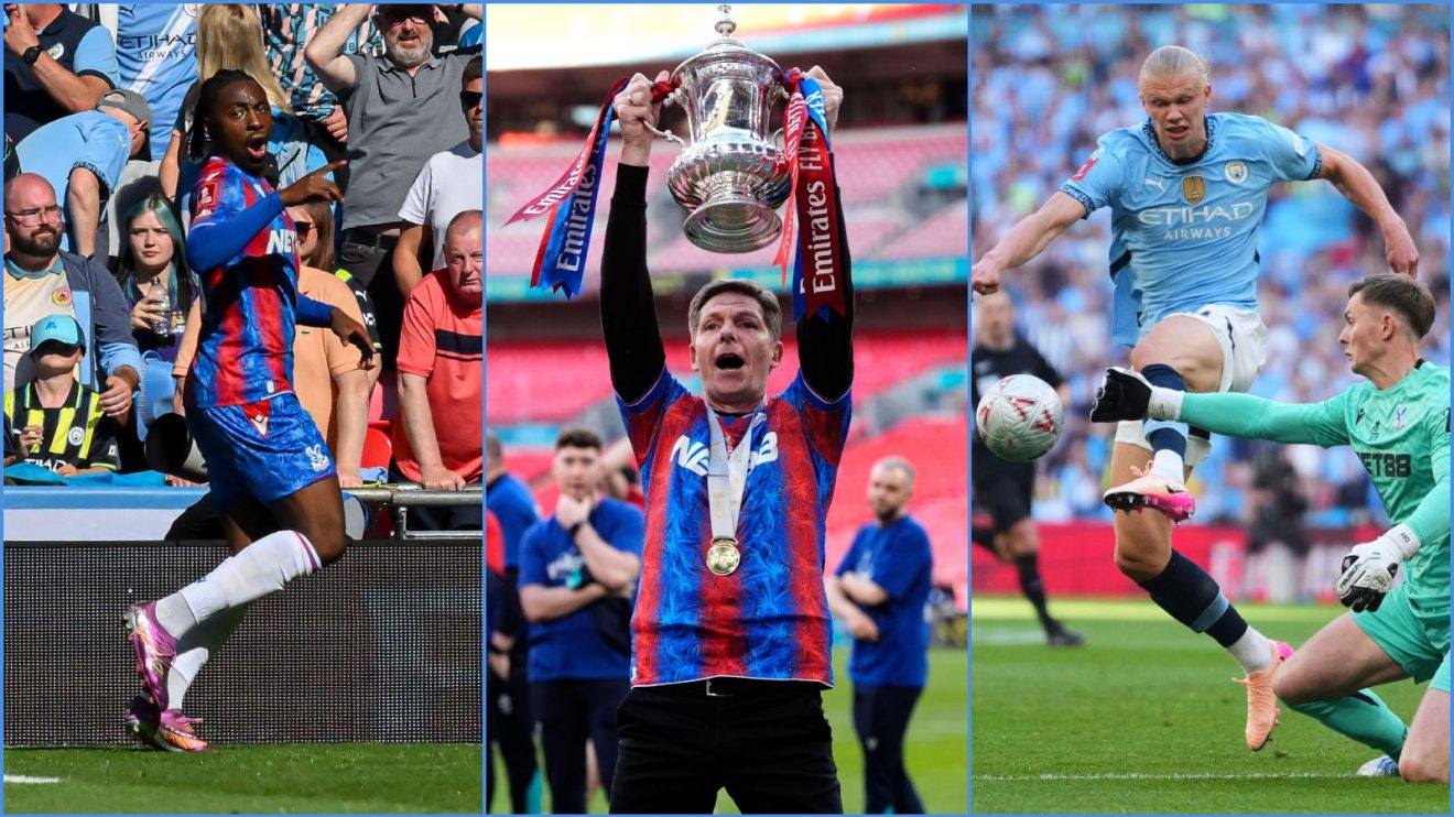 Crystal Palace player Eberechi Eze, manager Oliver Glasner and Erling Haaland of Manchester City