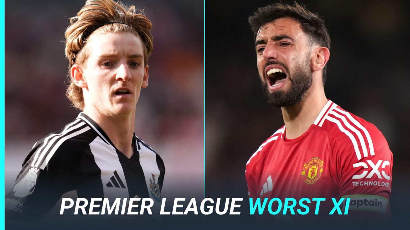 Anthony Gordon and Bruno Fernandes in a Premier League Worst XI graphic