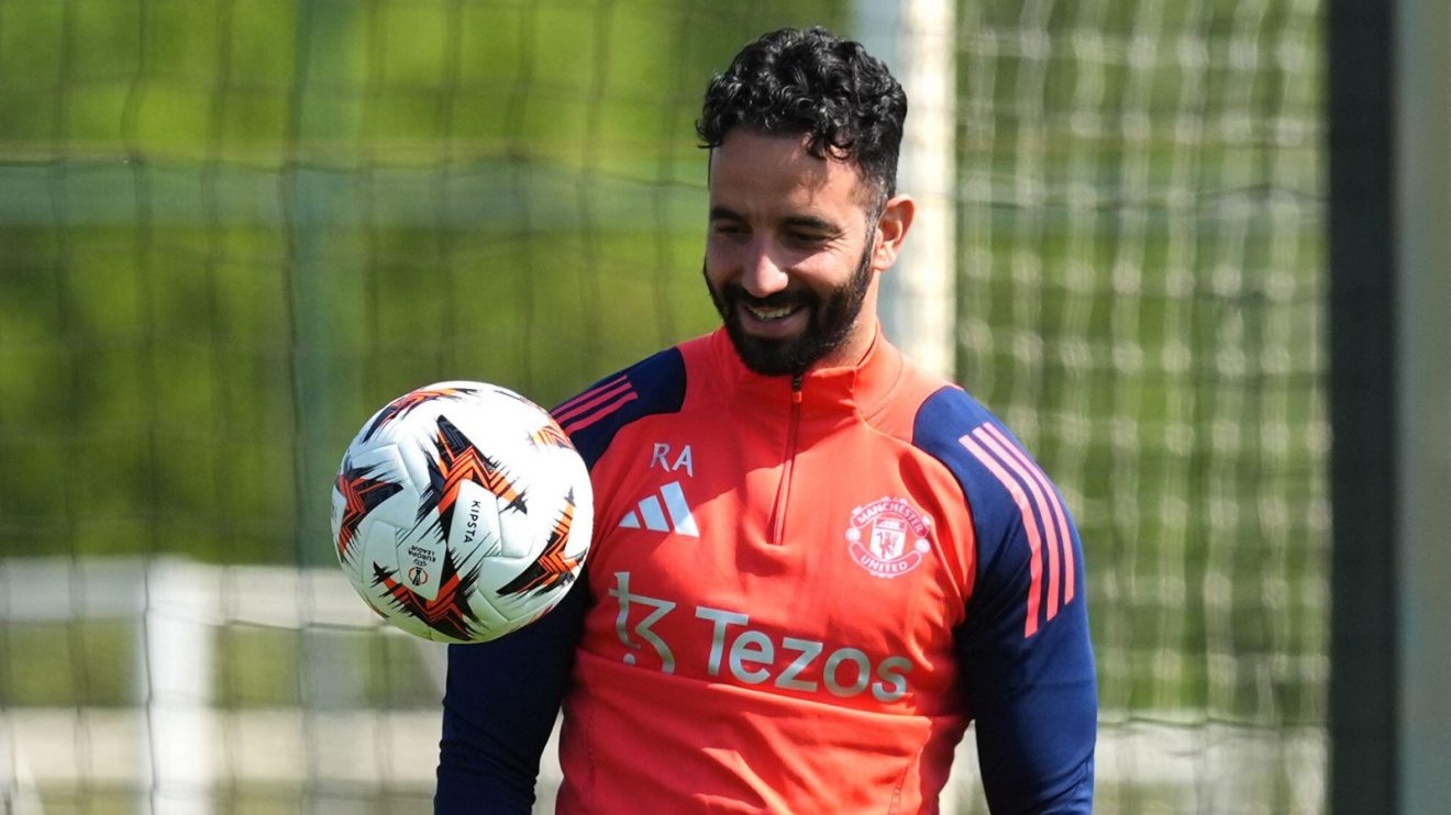 Ruben Amorim smiling during Man Utd's Europa League final training