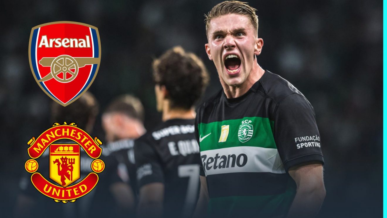 Viktor Gyokeres with the Man Utd and Arsenal badges