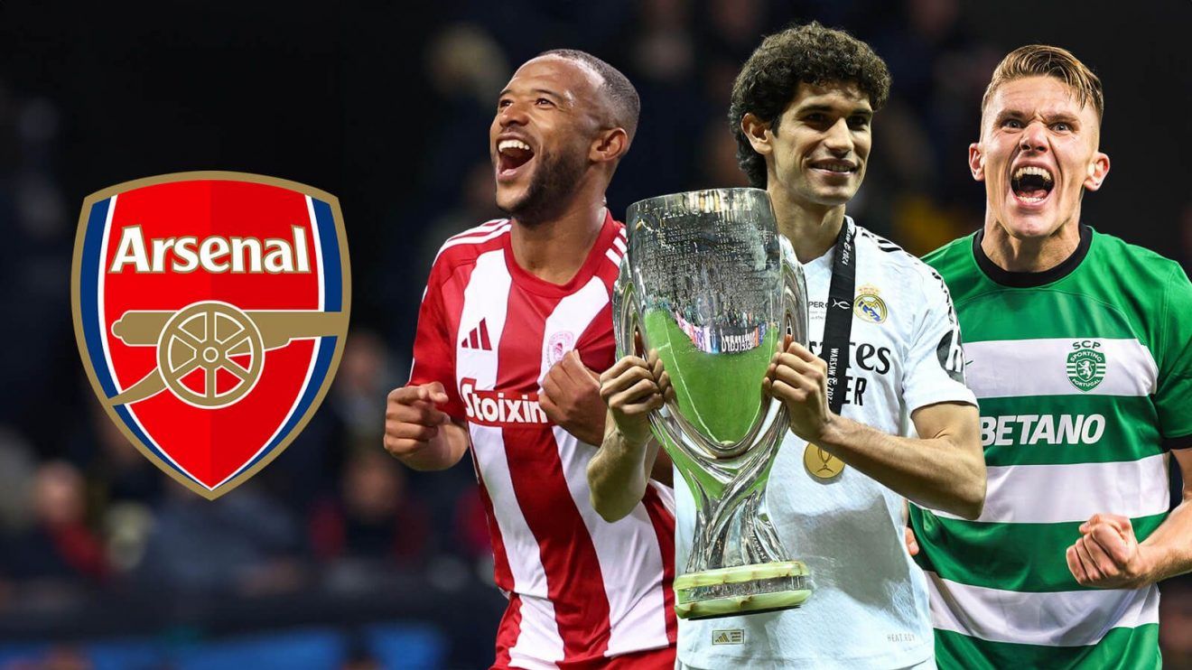 An Arsenal badge next to Ayoub El Kaabi, Jesus Vallejo and Viktor Gyokeres