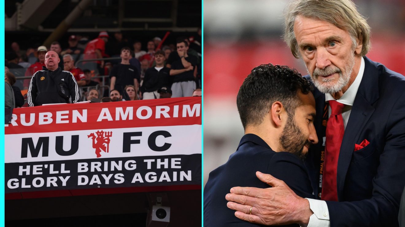 Ruben Amorim is consoled by Sir Jim Ratcliffe after the Europa League final.