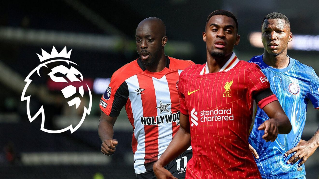 Ryan Gravenberch, Yoane Wissa and Moises Caicedo with the Premier League logo