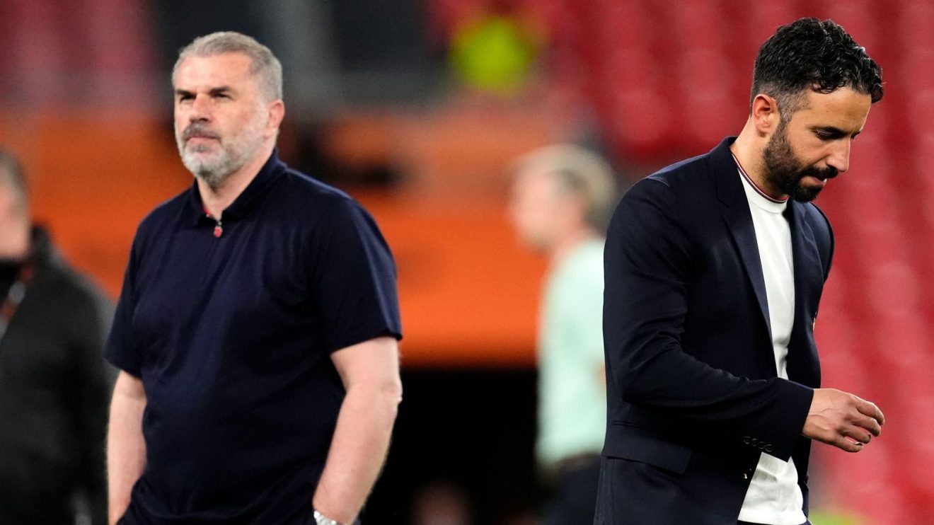 Spurs manager Ange Postecoglou and Manchester United coach Ruben Amorim react