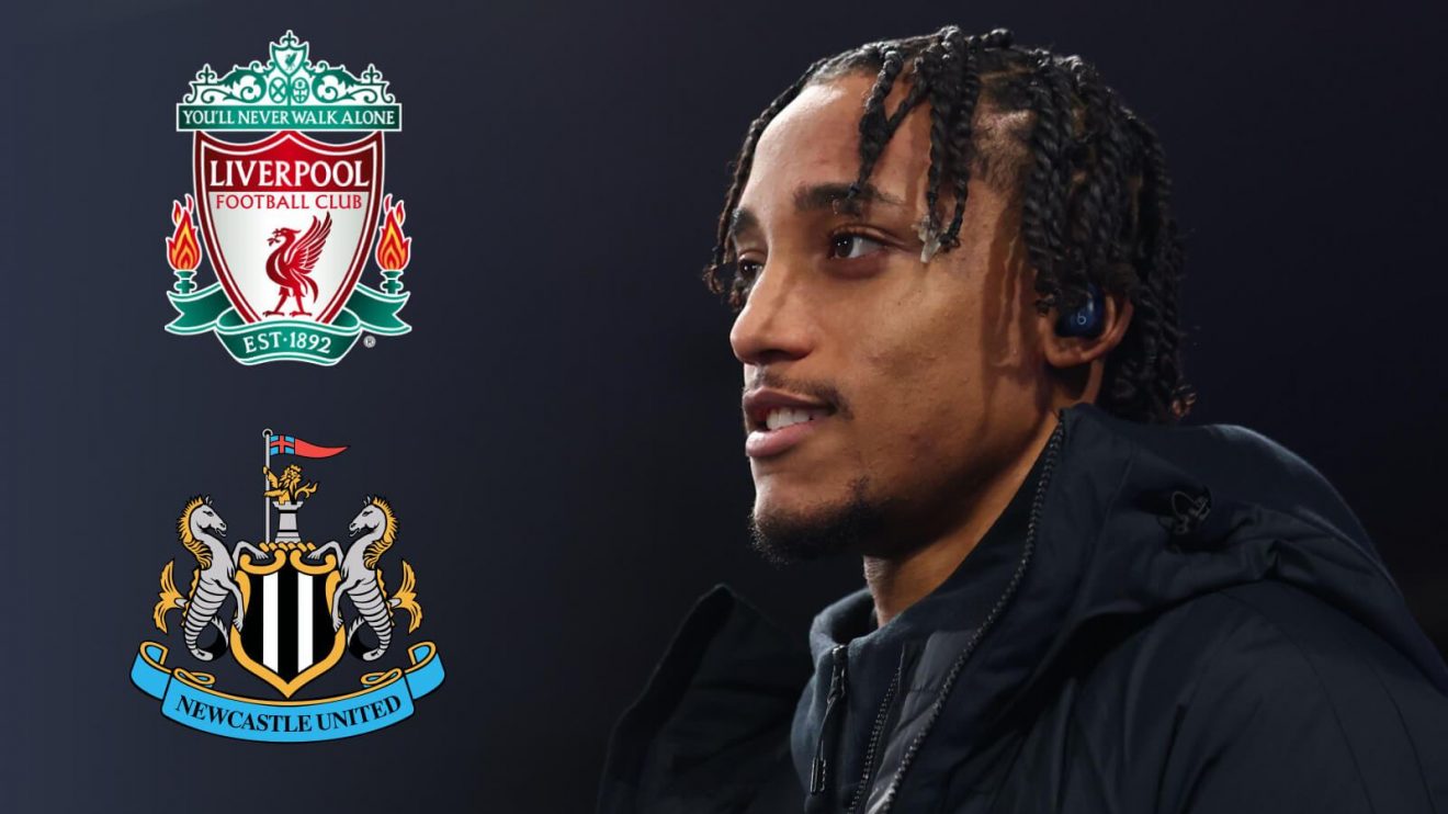Joao Pedro with the Liverpool and Newcastle badges