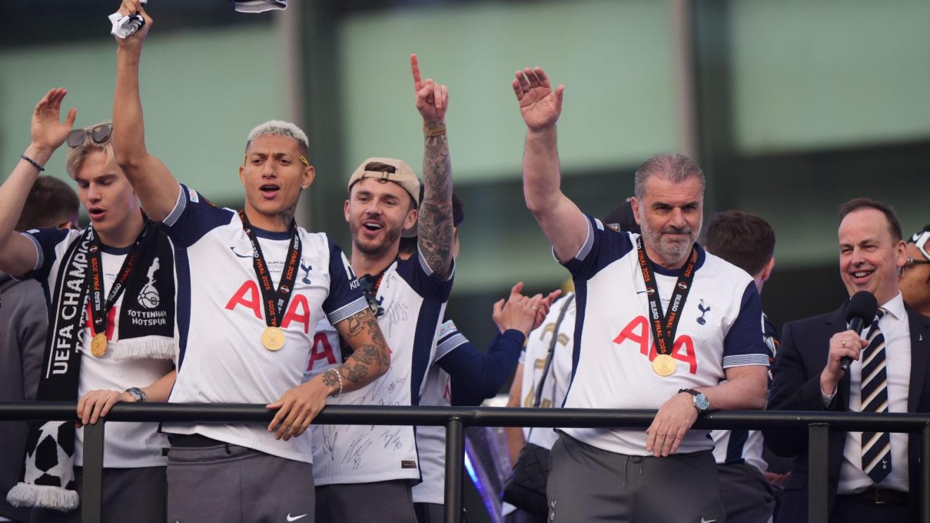 Spurs boss Ange Postecoglou celebrates winning the Europa League