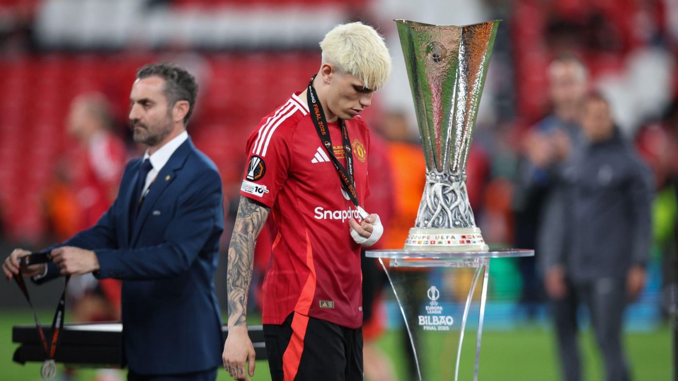 Man Utd winger Alejandro Garnacho looks dejected after losing the Europa League final