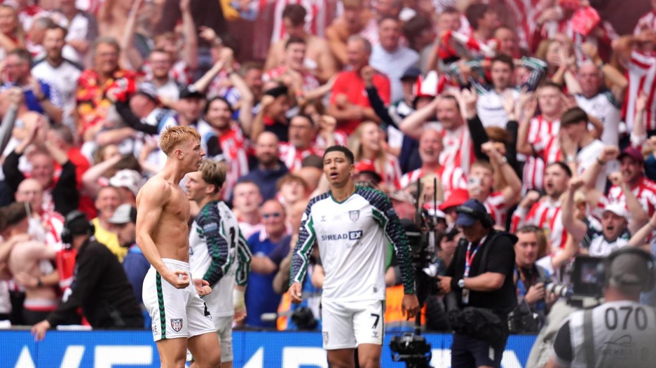 Sunderland celebrate scoring in the Championship play-off final