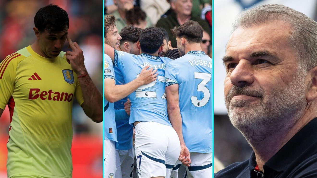 Emi Martinez of Aston Villa is sent off, Man City celebrate Champions League qualification and Tottenham manager Ange Postecoglou on the final day of the Premier League season