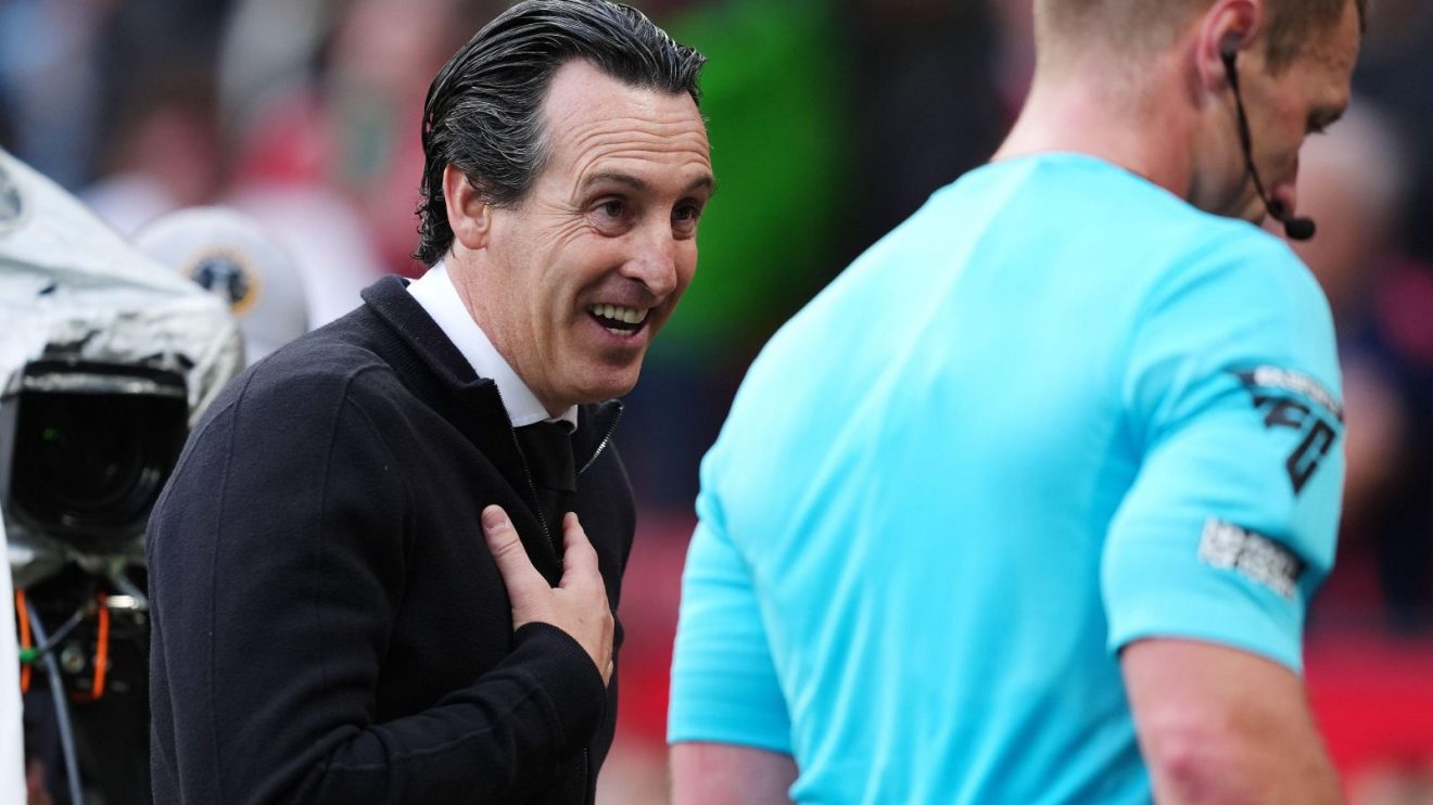 Aston Villa boss Unai Emery remonstrates with the referee