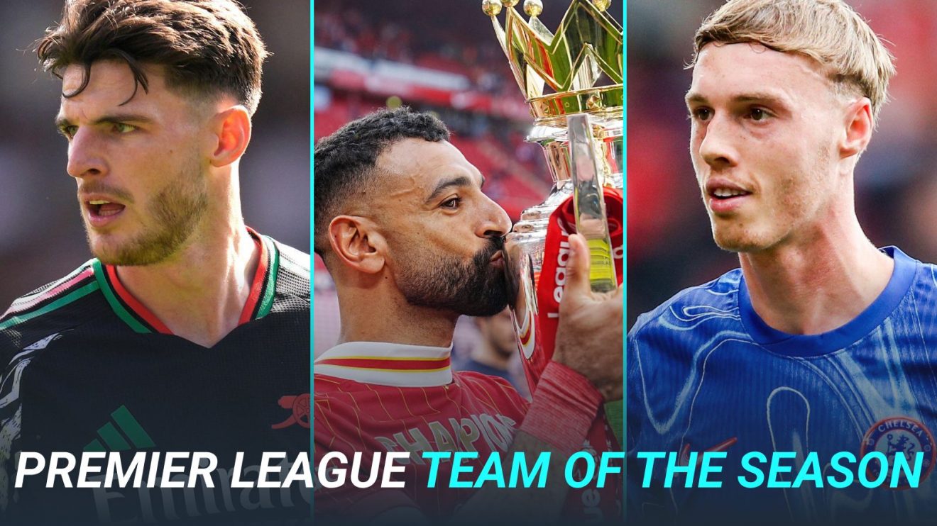 Declan Rice, Mo Salah and Cole Palmer in a Premier League Team of the Season graphic