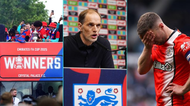 Photo collage showing Crystal Palace's FA Cup parade, Thomas Tuchel as England manager, and Luton's relegation from the Championship