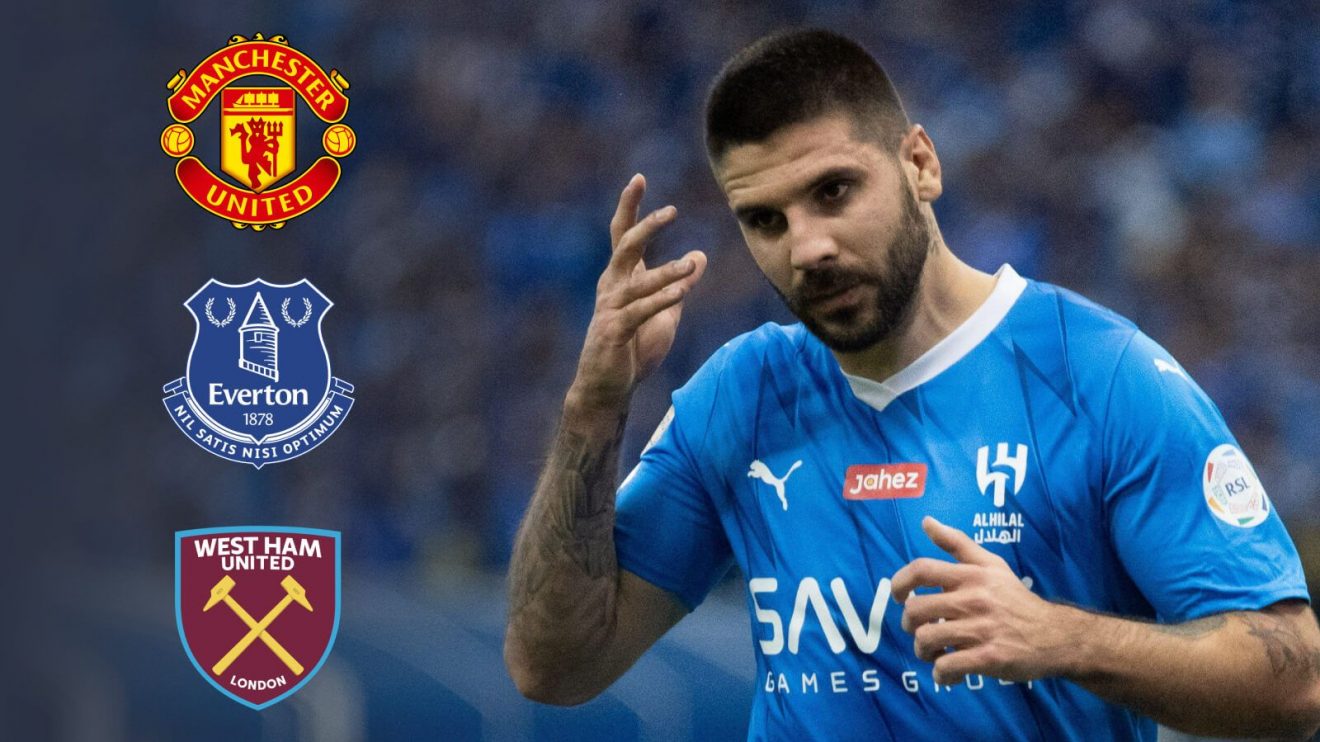 Aleksandar Mitrovic with the Man Utd, Everton and West Ham badges