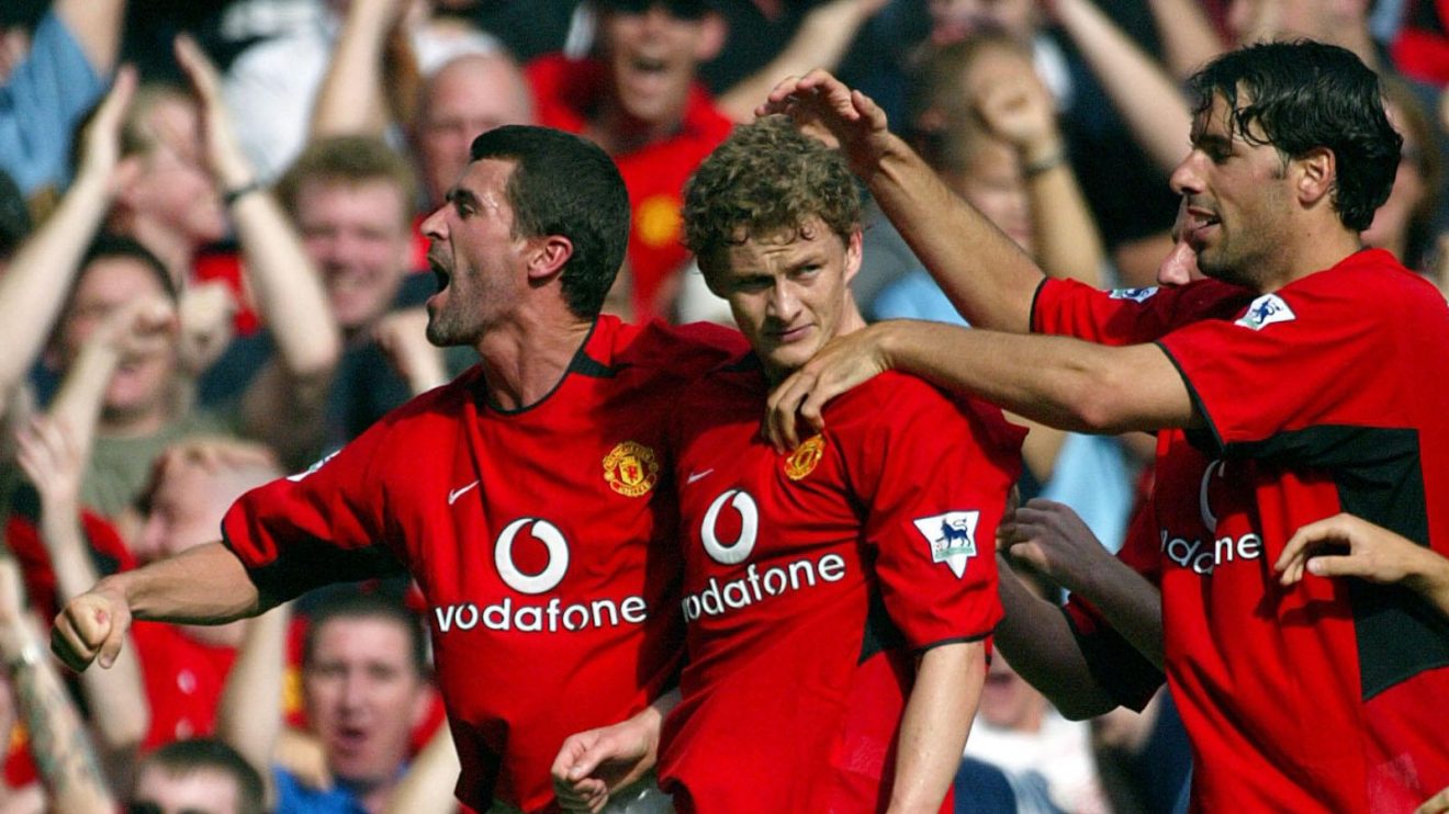 Manchester United players Roy Keane, Ole Gunnar Solskjaer and Ruud van Nistelrooy