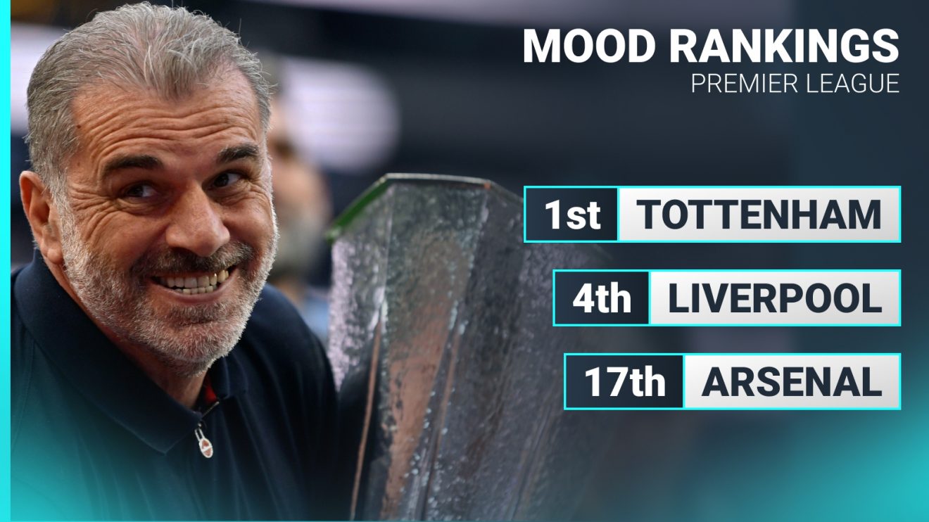 Ange Postecoglou smiles while Tottenham celebrate winning the Europa League.